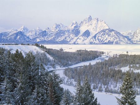 First Snowfall Snake River Wyoming - snake river, wyoming, trees, mountain, photography, winter, mountains, cold, river, snow