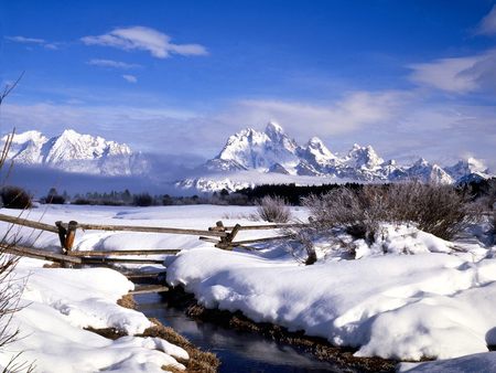 Grand Tetons in Winter Wyoming - river, trees, winter, photography, cold, snow, mountain