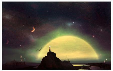 Polychromatic cove - lighthouse, dark, graphics, wds, night, crescent moon, fantasy, widescreen