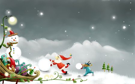 Santa And Reindeer Making Snowman - snowman, santa, new year, reindeer, snow, winter, you