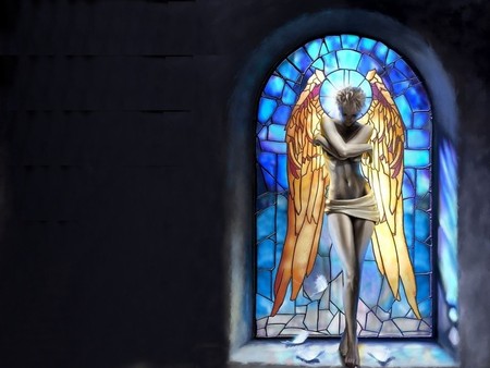 Angel in a Church - cg, black, blue, gold, angel, light, art