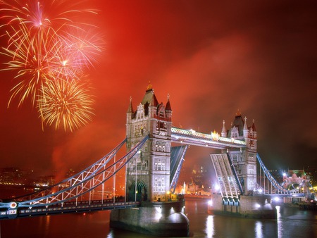 light up the night - red, sky, fireworks, bridge, scene, london, night