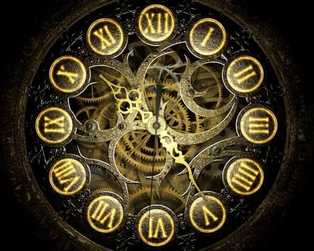 3D Clock - clock, golden, dark, time