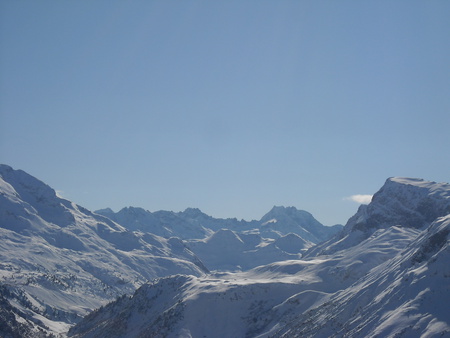 Mountains - hut, ice, firs, sky, fir tree, trees, skiing, sun, mountains, white, lonely, woods, blue, snow, rock, austria