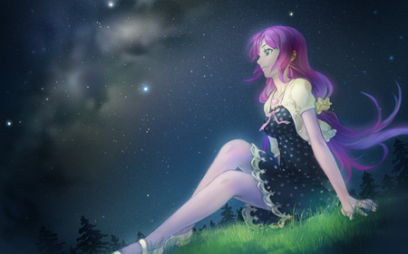 Bakemonogatari - sitting, sky, female, hot, anime girl, field, anime, tree, grass, cute, scene, sit, sexy, scenic, girl, light, night, star