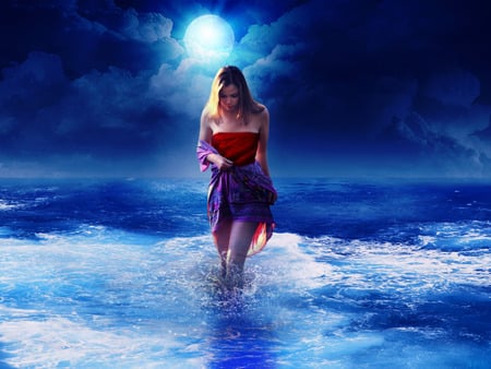 BLUE DREAMS - moon, ocean, female, blue