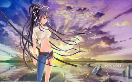 Anime  - sky, hot, female, water, anime girl, blade, cloud, anime, sword, cute, scene, sexy, scenic, girl, warrior, weapon, torn