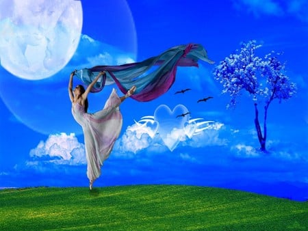 LOVE BALLET - moon, female, heart, blue, dancing, tree