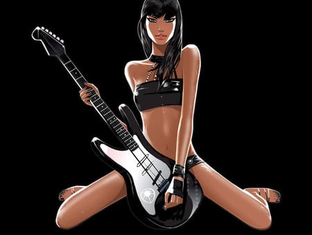 Hot babe - black, guitar, sexy, woman