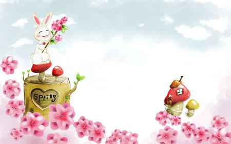 Spring is coming - clouds, house, rabbit, water, spring, pink, flowers, white, red, green, mushroom, paradise, ocean blue, sky