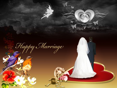 WEDDING DAY - moon, groom, wedding, heart, bride, flowers, birds