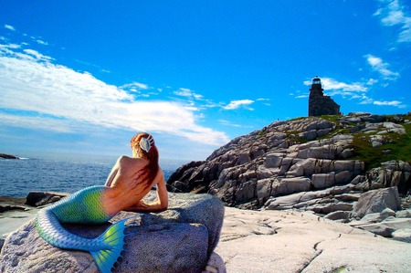 Mermaid - mermaid, woman, ocean, sand, rocks, sky