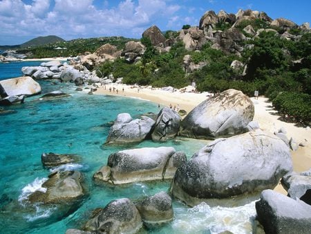 The baths Gorda island  - sand, boulders, bluesky, people, beach, grass