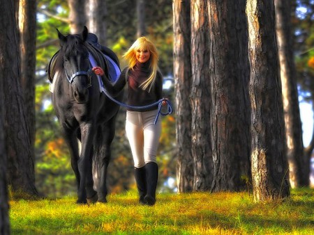 Black Horse - black horse, lady, cool, picture, beautiful