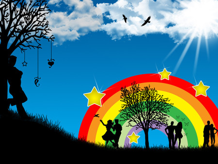 Love - clouds, birds, heart, girl, guy, love, tree, black, rainbow, sun, sky