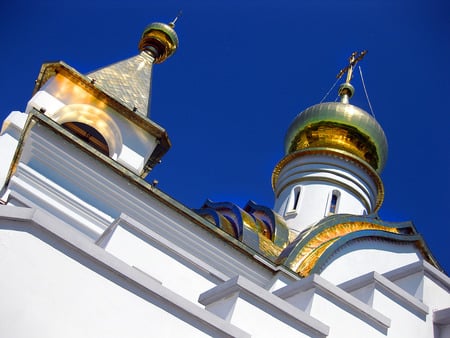 up to the sky - up, white, blue, golden, church, sky