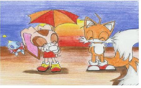 Chibi Cream and tails! - tails, beach, happy smile, wallpapers, cherries, cream the rabbit, anime, ect, perry, berry, drawing art, cherry, berries, cream, video games, cream the rabbit happy, smile, tails the fox, paeasol, happy