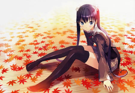 Colours of Autumn - ueda ryo, autumn, twintails, leaves, anime, seifuku