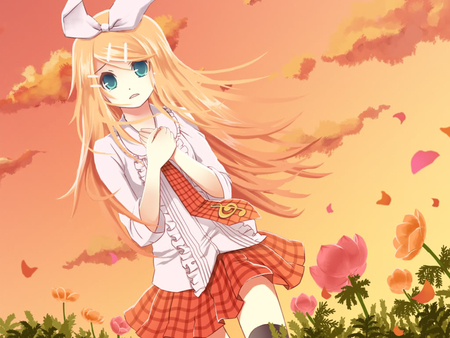 Rin - clouds, tie, anime, vocaloid, petals, flowers, kagamine rin, sunset, sky