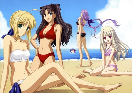 Fate stay night - girls, saber, beach, sexy, ribbons, long hair, fate stay night, clouds, bikini, matou sakura, anime, cute, rider, illyasviel von einzbern