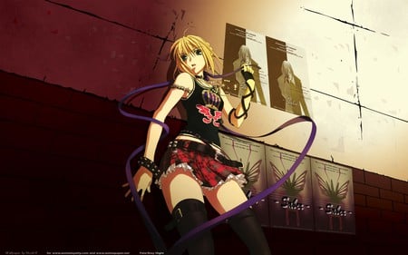 Saber lily - saber, punk, ribbons, miniskirt, blonde hair, anime, ribbon, cute, rock girl, sexy, girl, warrior, arturia pendragon, fate stay night, saber lily, green eyes, wall, blonde