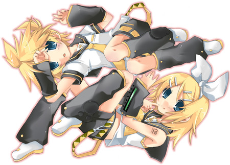 Len & Rin - anime, vocaloid, girl, kagamine len, blush, blonde hair, white ribbon, short hair, boy, kagamine rin, cute, brothers