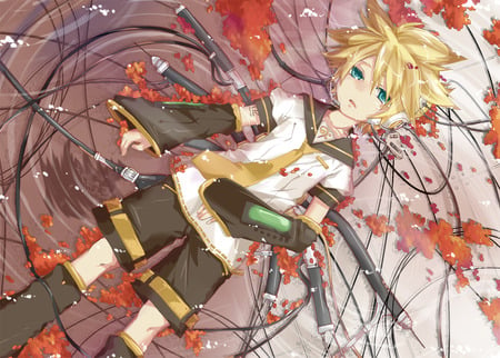 Len - hair, blue eyes, sad, wires, blonde hair, vocaloid, boy, anime, cute, kagamine len, short