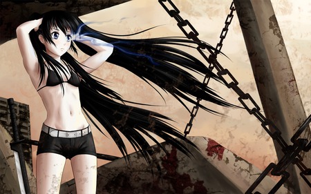 Black rock shooter - anime, vocaloid, twintails, blue eyesm chains, sword, hatsune miku, long hair, black rock shooter, girl cute, black hair, character, sexy