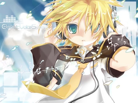 Len - clouds, tie, anime, vocaloid, kagamine len, blonde hair, short hair, boy, headphones, cute, blue eyes