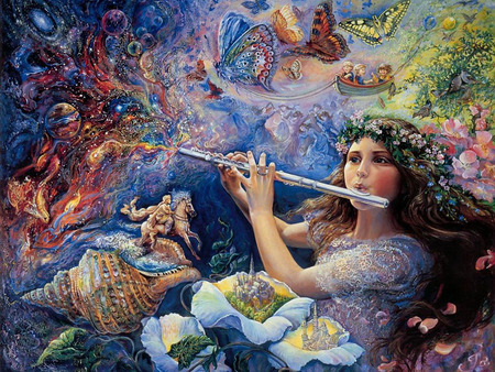 Flutist - butterflies, nice, conchshell, flowers, plantes, woman