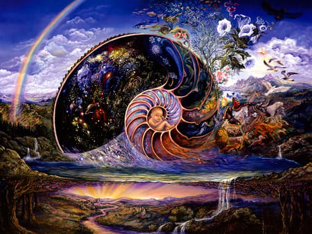 Nautilus - water, crater, earth, birth, light, stars, baby, flowers, shell, planets, rainbow, creation, cocoon, sky, animals, wildlife