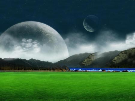 Moon - sky, mountains, water, moon, abstract, grass