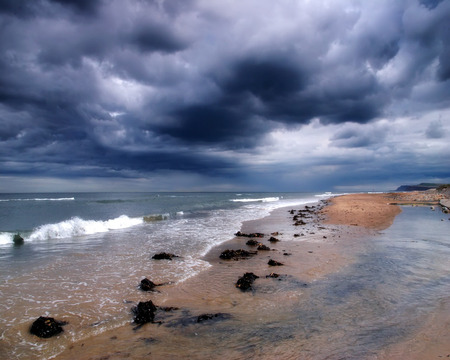 After the storm - clouds, stormy sky, gray, seaweed, waves, sand