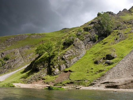 Dovedale Stream - stream, hillside, grass, rocks