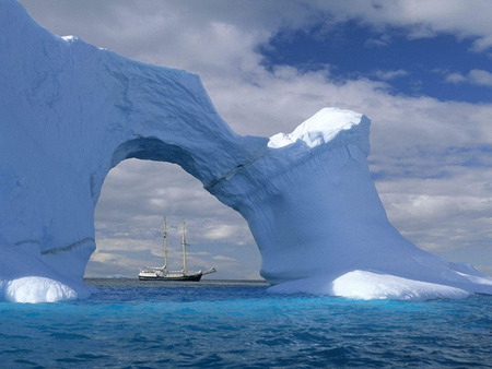 Ice mountain - clouds, sunlight, ice, white, boat, ocean