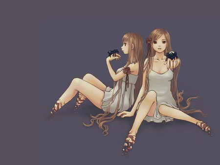 Wasting away with a spider in my pocket - girl, long hair, really long hair, girls, fantasy, twins, spiders, sisters, broken, anmie