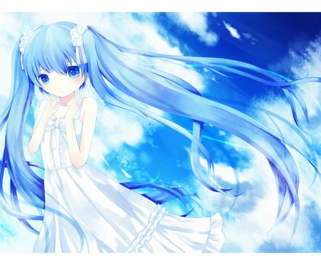 Miku - hatsune miku, sky, girl, blue eyes, long hair, blue hair, cloud, vocaloid, anime, cute