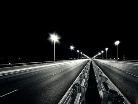 Street Lights - black and white, highway, street