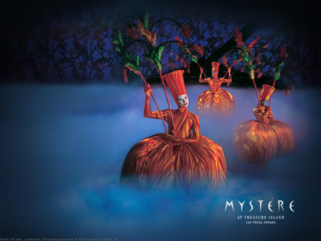 Mystere - women, feathers, red, fog, hats, cirque du soleil, colors