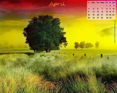 April - nature, calendar, beauty, grass, meadow, tree, sky