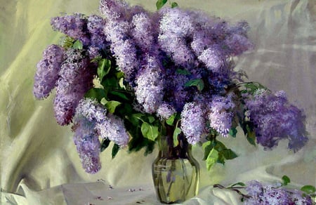 Spring Flowers - vase, curtain, white, cloth, lilacs, purple, art, table, leaves, flowers