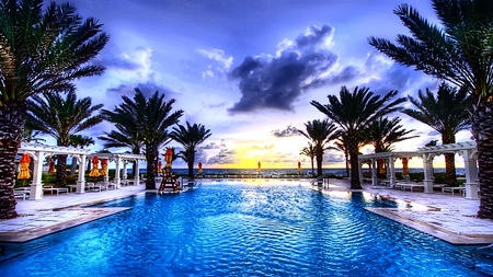 Pool Facing Sunrise - clouds, swimming pool, trees, ray, blue, beauty, sky