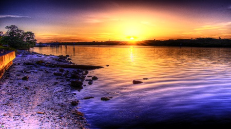 Golden Lake - colorful, ray, land, lake, tree, sky