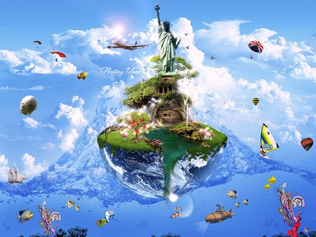 Floating Island - boat, plant, vehicle, sail, plane, animal, submarine, transport, sky, statue, abstract, water, balloon, ship, statue liberty, tree, fantasy, nature, cloud, transportation, 3d, fish