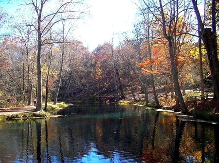 AUTUMN LAKE - calm, colorful, trees, autumn, foggy, lake, reflection