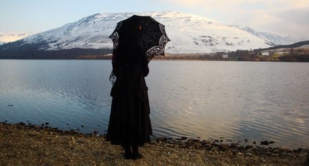 Lady in black - loch, female, snow, gothic girl, goth, black, lake, scotland, mountains