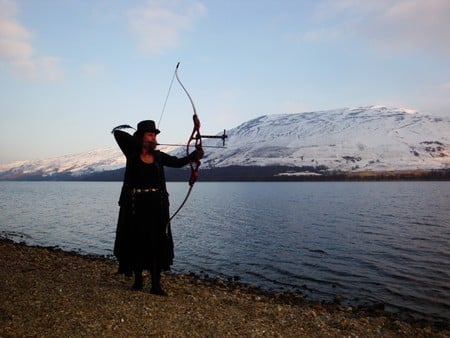 The Archer - lake, female, archery, goth, mountains, black, snow, gothic girl, scotland, loch