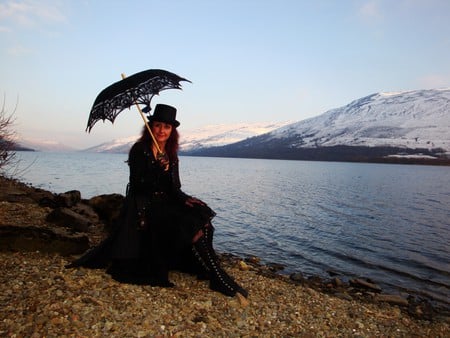 The loch - loch, female, snow, gothic girl, goth, black, lake, scotland, mountains