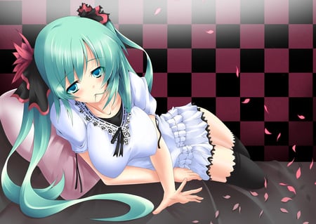 Miku - hatsune miku, sexy, bed, girl, twintails, blue eyes, long hair, blue hair, vocaloid, petals, anime, cute