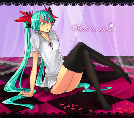 Miku - world is mine, anime, vocaloid, twintails, thighhighs, girl, hatsune miku, petals, bed, aqua eyes, cute, aqua hair, sexy